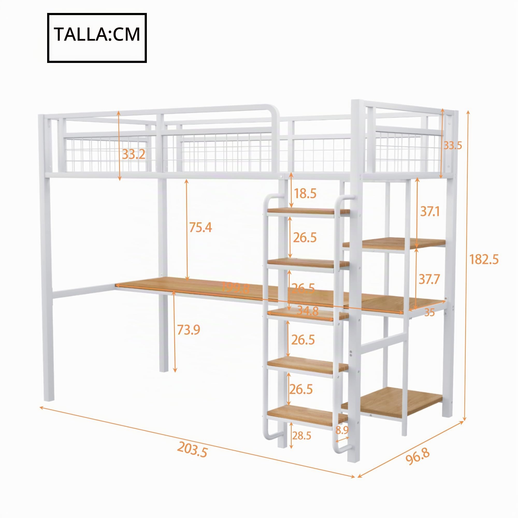 Azkoeesy Cama alta de metal con escritorio, estantería, escalera de 90 x 200 cm, litera, cama juvenil, para adultos y adolescentes, color blanco