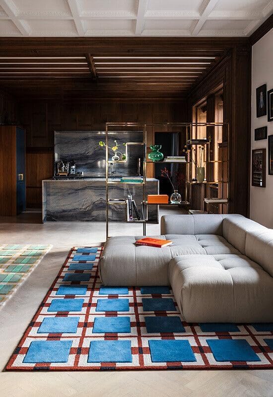 Blue Geometric Square Pattern Hand Tufted Wool Area Rug 10x14 Ft, Modern Checkered Living Room Bedroom Decorative Carpet