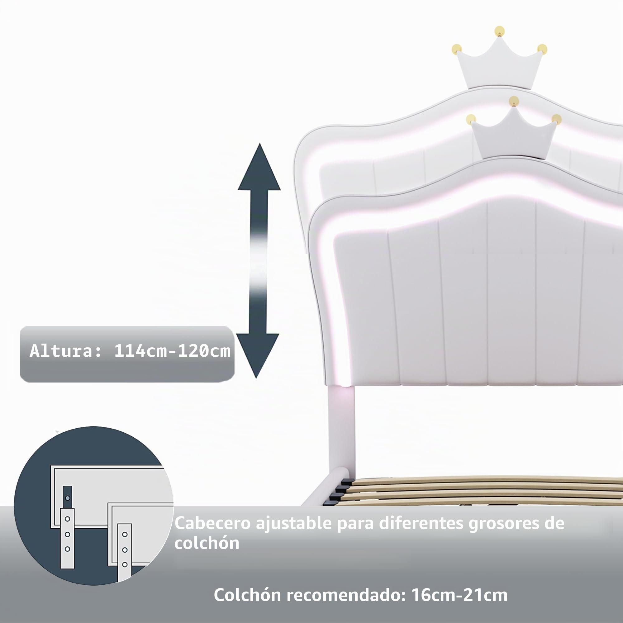 Cama tapizada para niños de 90 x 200 cm, con diseño de coronas, cama de almacenamiento hidráulico, cabecero de altura regulable, cama individual con somier, piel sintética (blanco)