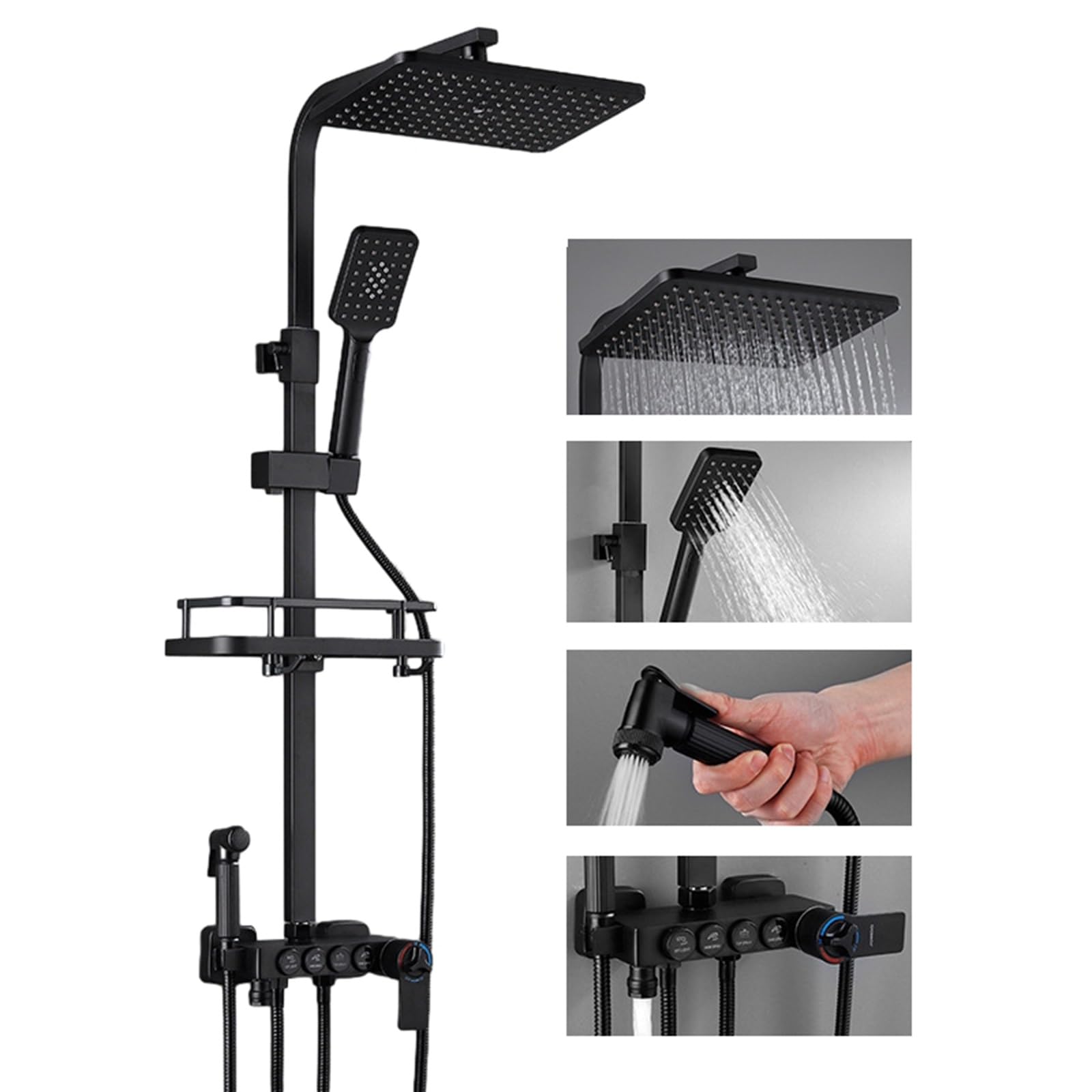 Colonne thermostatique noire avec pommeau mural et jet ajustable