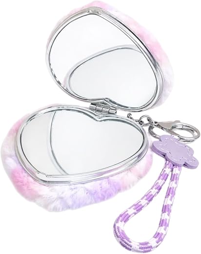 AMANVANI Heart Shape Double Sided Compact Mirror Keychain | Aesthetic Fluffy Pocket Mirror with Key Ring &amp; Wrist Strap | P...