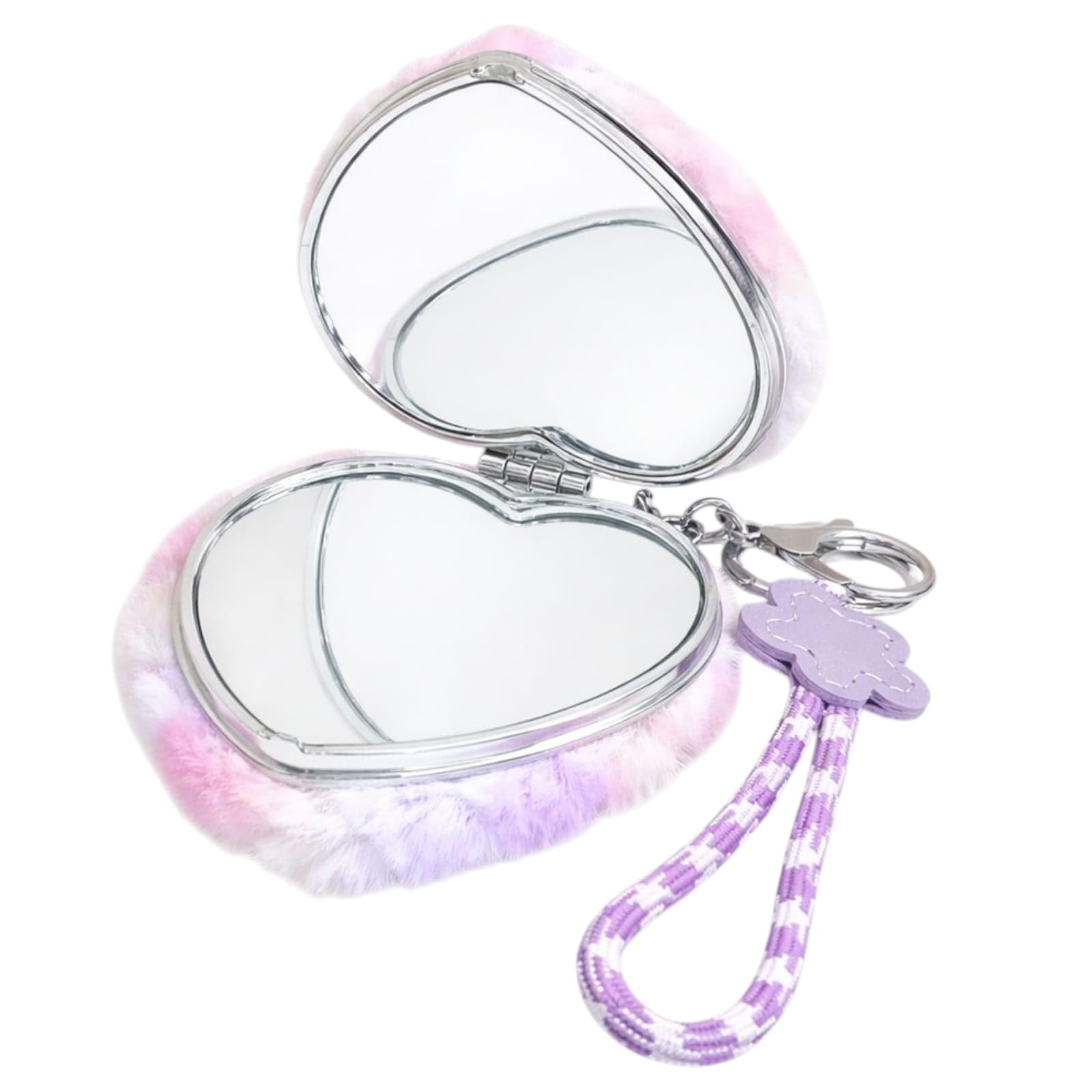 AMANVANI Heart Shape Double Sided Compact Mirror Keychain | Aesthetic Fluffy Pocket Mirror with Key Ring & Wrist Strap | Portable Makeup Mirror for Girls, Women, Travel & Return Gifts (1 Pcs)