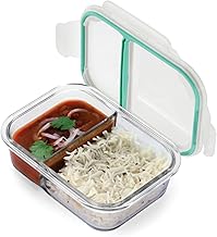 Oliveware Elite Natural Glassware Bento Lunch Box Microwave Safe with 2 Compartment Set |Safety Lock Airtight Containers (600 ml)