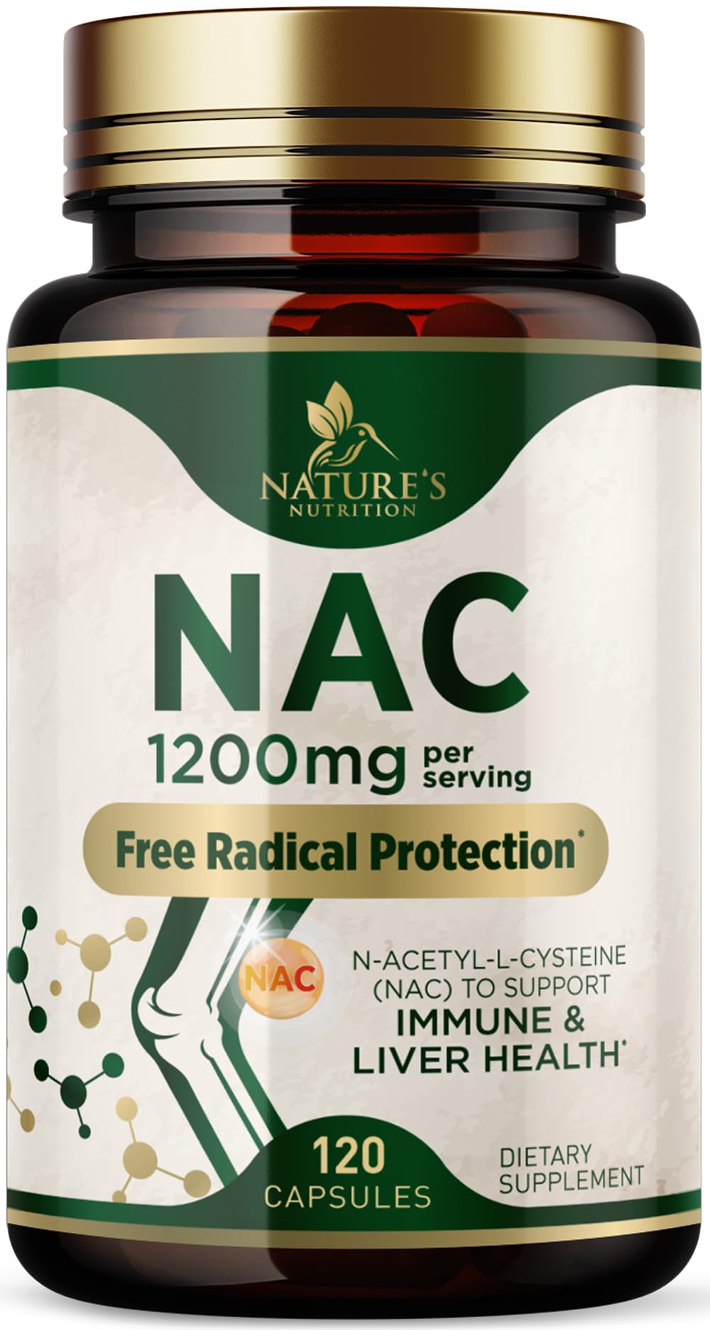 N-Acetyl-L-Cysteine (NAC) Supplement - 1200mg Free-Form NAC - Powerful Antioxidant Fights Free-Radicals - Daily Immune, Liver & Respiratory Support - Vegan, Gluten Free, Bottled in USA - 120 Capsules 120 Count (Pack of 1)