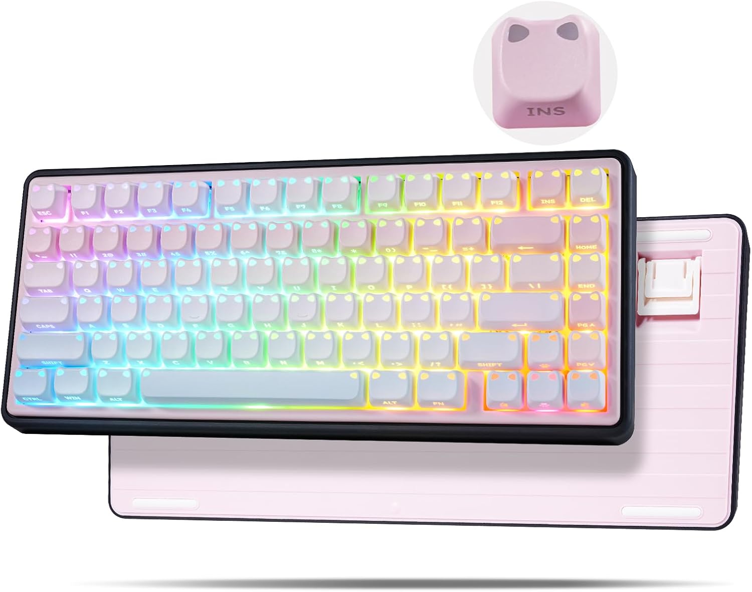 ZORNHER UR82 Wireless Mechanical Keyboard,75% Creamy Keyboard with Cute Cat-Ear Shine Through Keycaps, Hot-Swappable RGB Gaming Keyboard for Windows/Mac, BT/2.4G/USB-C,Bubble Cat Pink Blue