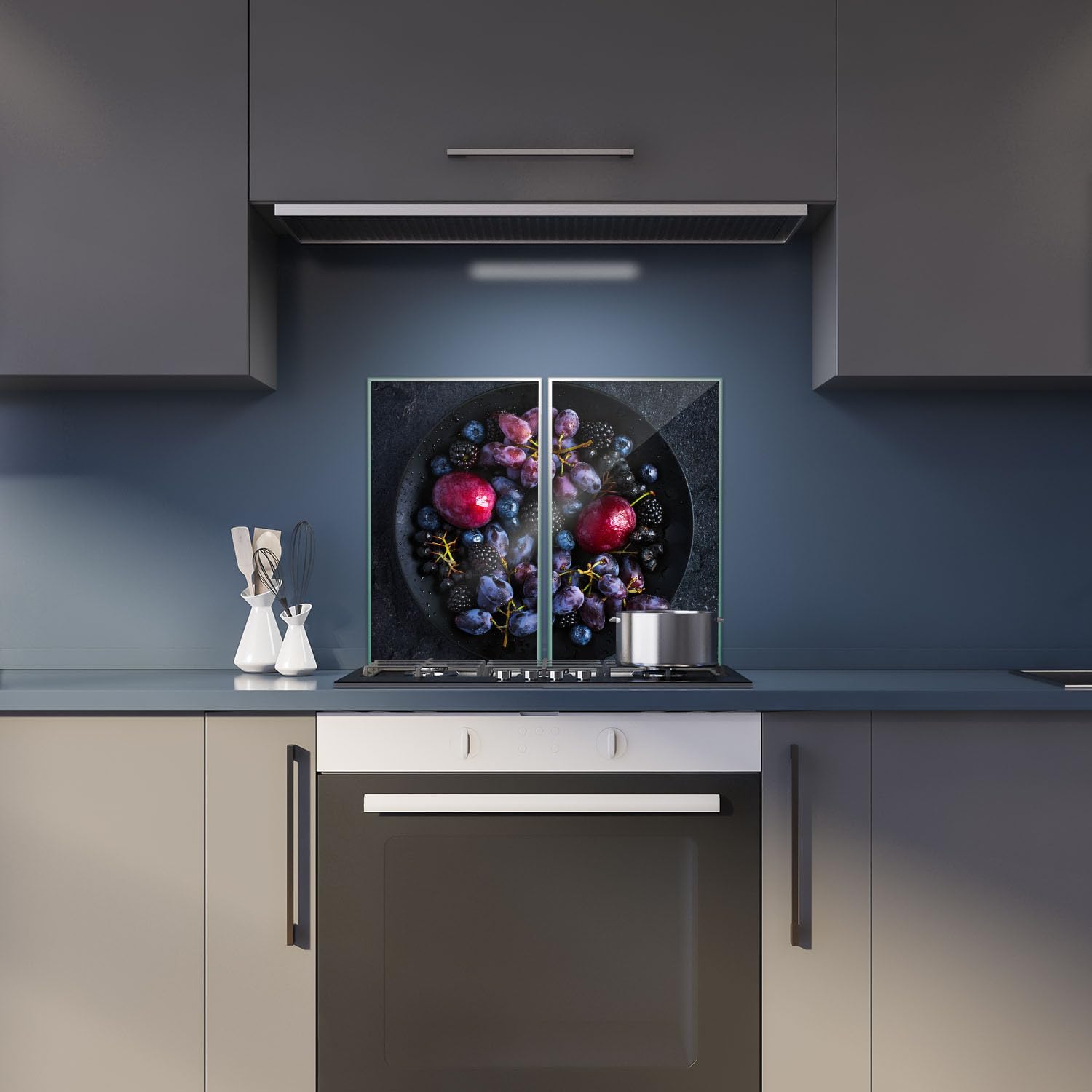 Herdabdeckplatte Abdeckung Ceranfeld Abdeckplatte Schneidebrett 2-Teilig 60x52 Früchte Beeren Violet Spritzschutz Glasplatte Ceranfeldabdeckung Herdschutz Sicherheitsglas Glasschneidebrett 2x30x52