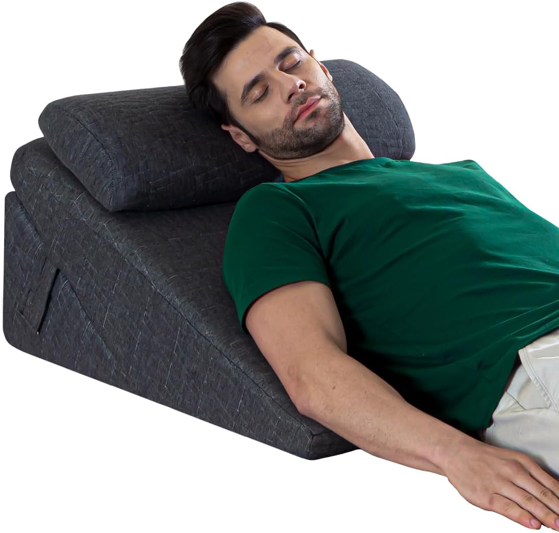- Wedge Pillow for Back Support, Acid Reflux, Leg Elevation GERD, Sleep apnea, Post Surgical Recovery Adjustable Memory Foam & HR Foam with Headrest Grey -King Size (12" H)