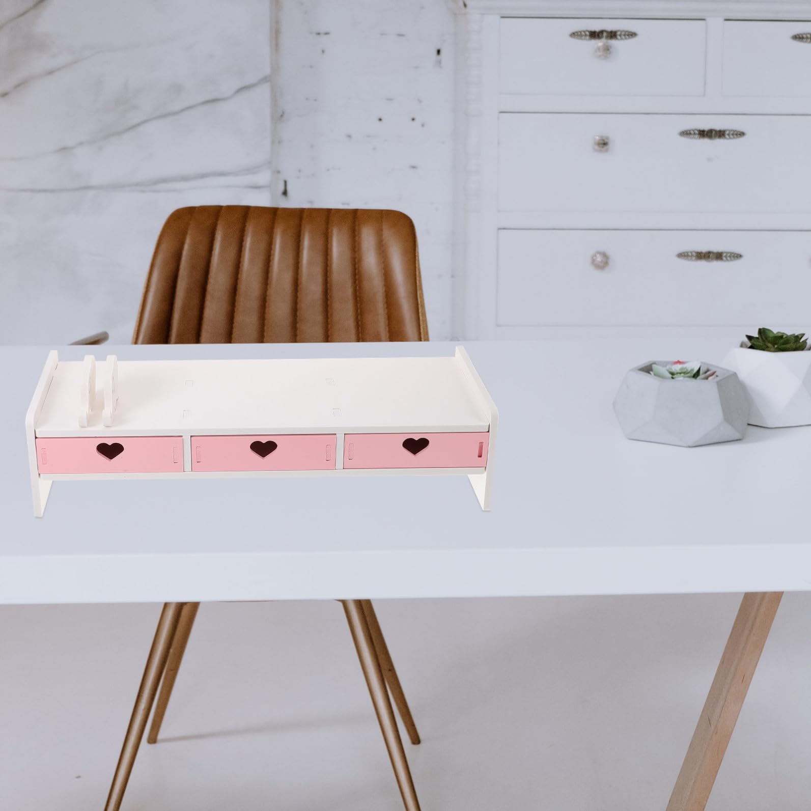 Housoutil Supporto per Monitor da Scrivania in PVC Rosa e Bianco, Rialzo e Organizzatore per Computer da Ufficio e Studenti, Spazio Salvaspazio per Tastiera e Accessori