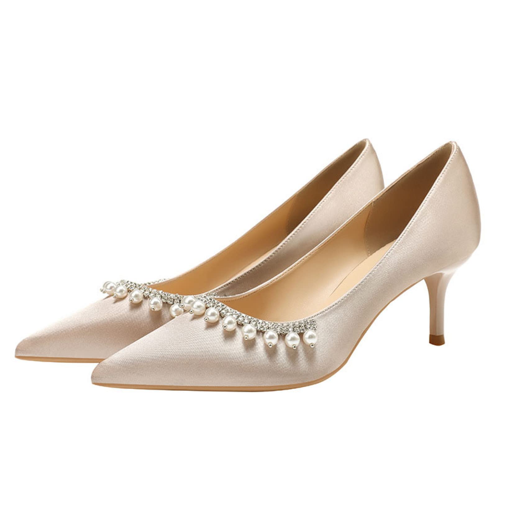 Women's All-Match Stilettos Pump Shoe Satin Luxury Pointy-Toe Nightclub Pearl Rhinestone Pump-Shoes for Bride
