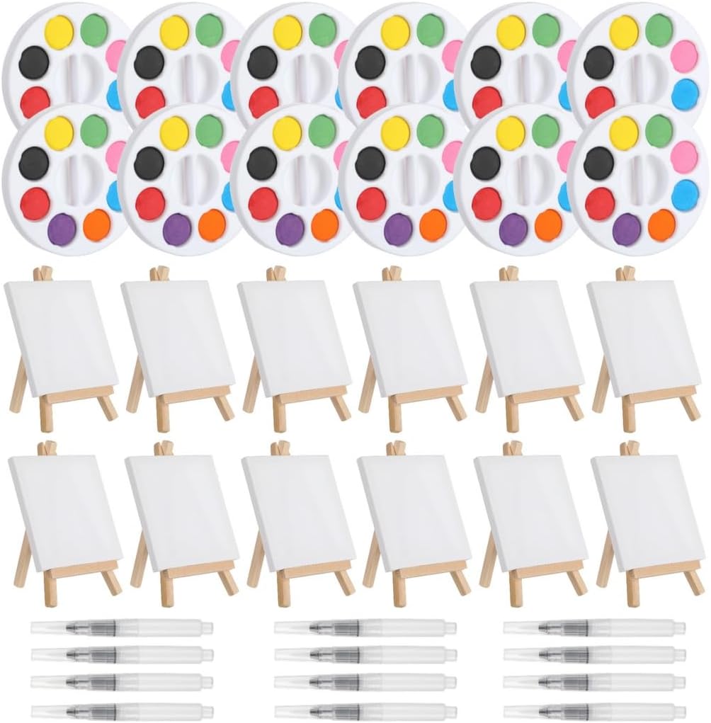 12-Piece Watercolor Paint Set with Mini Palettes, Brushes, and Adjustable Wooden Easel, 3.94 X 3.94 Canvas