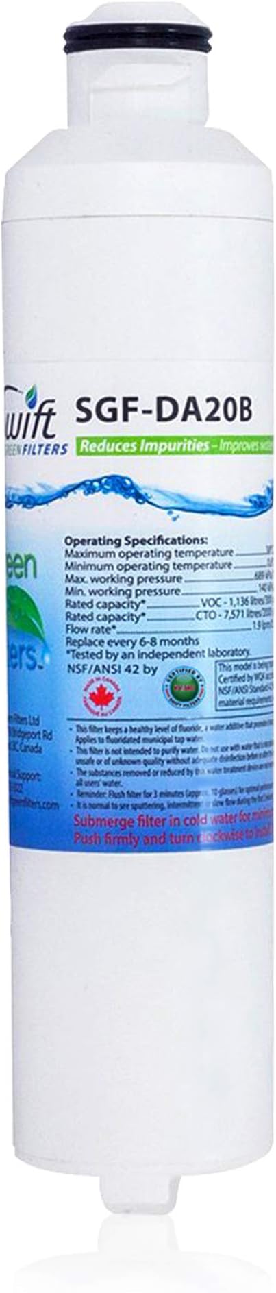 Swift Green Filters SGF-DA20B Compatible Refrigerator Water Filter for DA29-0020B,DA2900019A,DA2900020A,DA97-08006A-B ,Made in USA