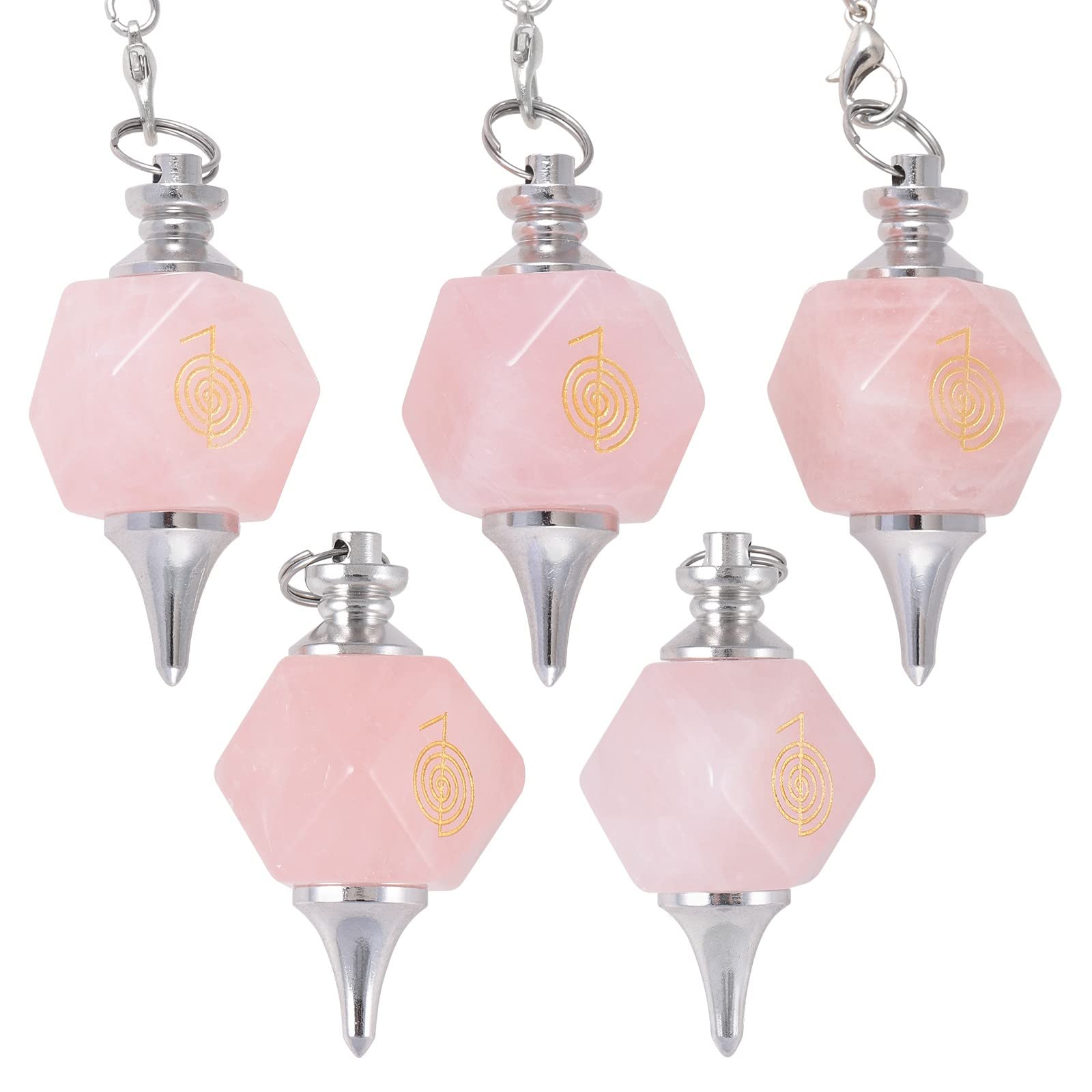 mookaitedecor Péndulo de Cristal Natural con Símbolo Reiki para Radiestesia y Adivinación, Péndulo Poliédrico de Piedra de Cristal Reiki con Cadena para Meditación y Herramienta Wicca, Cuarzo Rosa