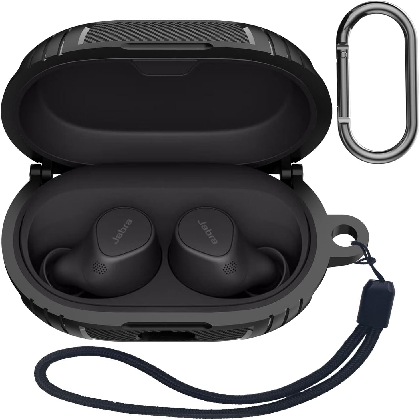 Compatible with Jabra Elite 7 Pro/Elite 7 Active Case TPU Military Shell Protective Cover Skin Shock-Absorbing with Keychain and Lanyard (Black)