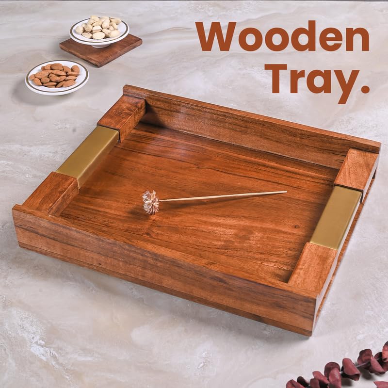 Image of Wooden Serving Tray with Stylish Handle - 15 Inch Rectangular Wooden Tray for Coffee Table, Kitchen, Breakfast & Home Decor | Multipurpose Organizer & Gift (Brass Inlay Corner Accents)