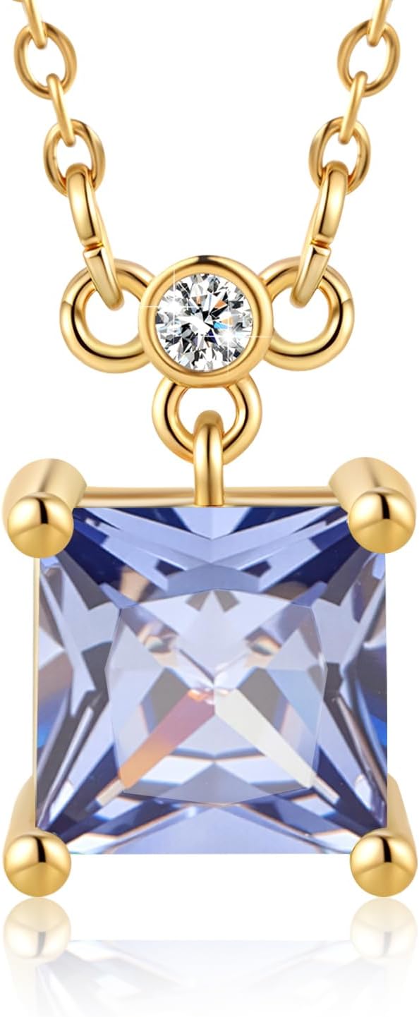 18K Gold-Plated Birthstone Necklace for Women, 5A Princess Square Cubic Zirconia Pendant, Birthday Anniversary Valentine's Gifts for Her, 18-20 Inches