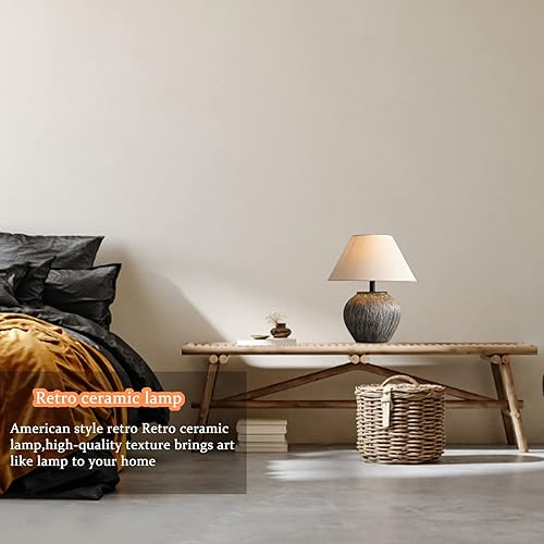 Miniatura 5 de PURESILKS Lámpara de mesa de granja de 19 pulgadas, lámpara de mesa de cerámica con rayas blancas, cerámica áspera hecha a mano con sombra oscura,