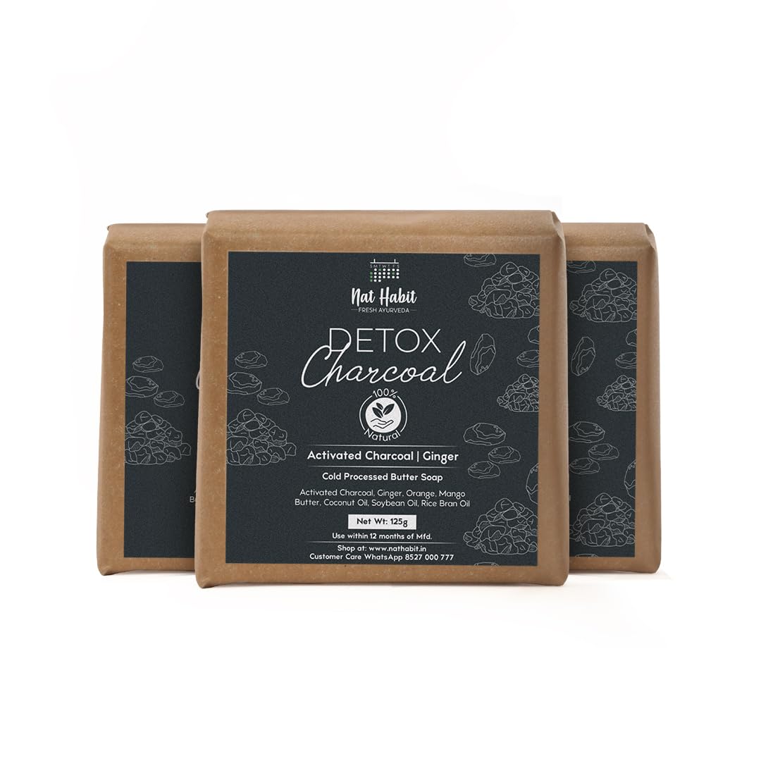 Nat Habit Detox Charcoal Butter Bath Soap|Tan Removal Soap for Men| Pore Purification, Oil Control | Absorbs Excess Oil & Dirt | Handmade Activated Charcoal Soap with Ginger| Pack of 3 X 125g