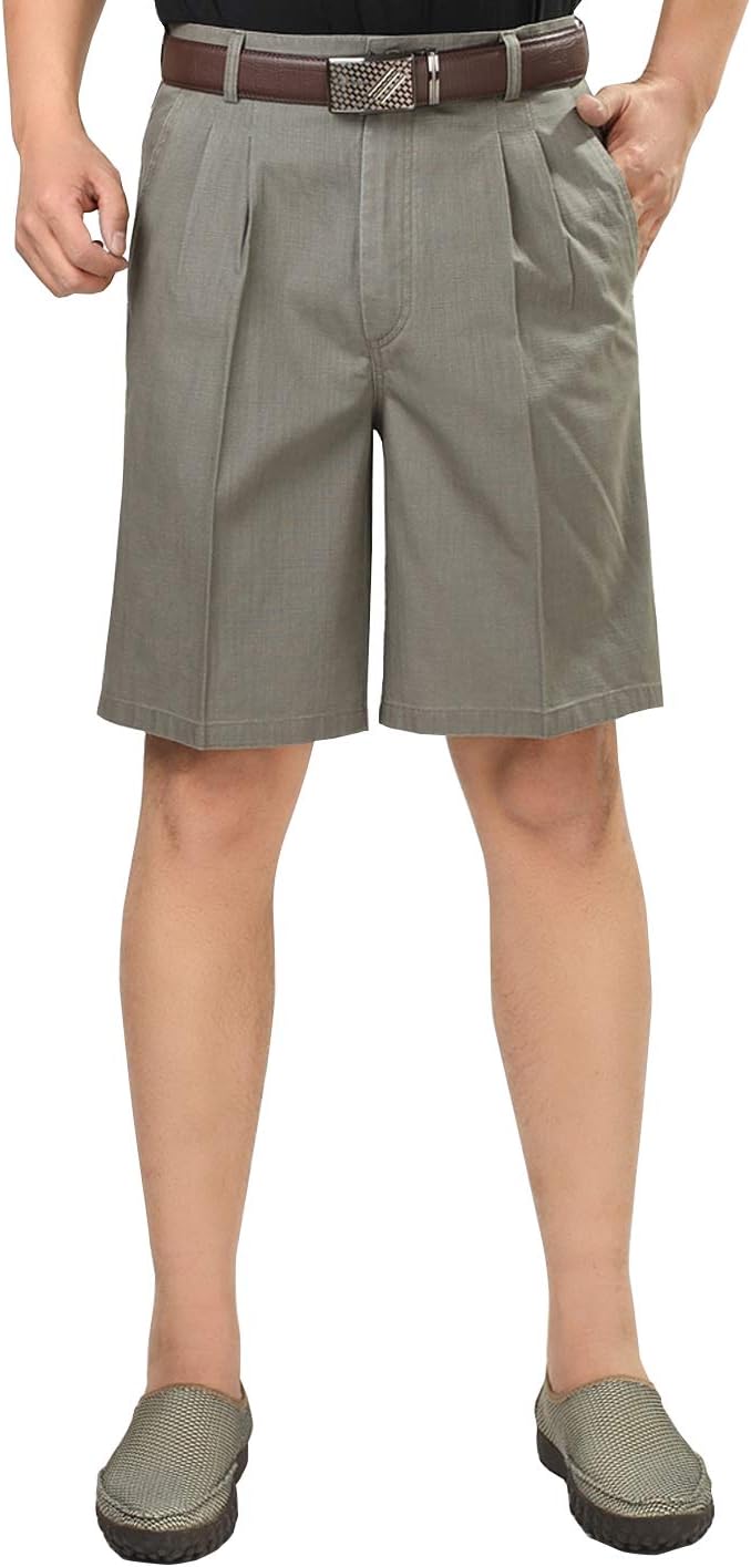 Locachy Men's Classic Fit Line Double Pleated Golf Shorts