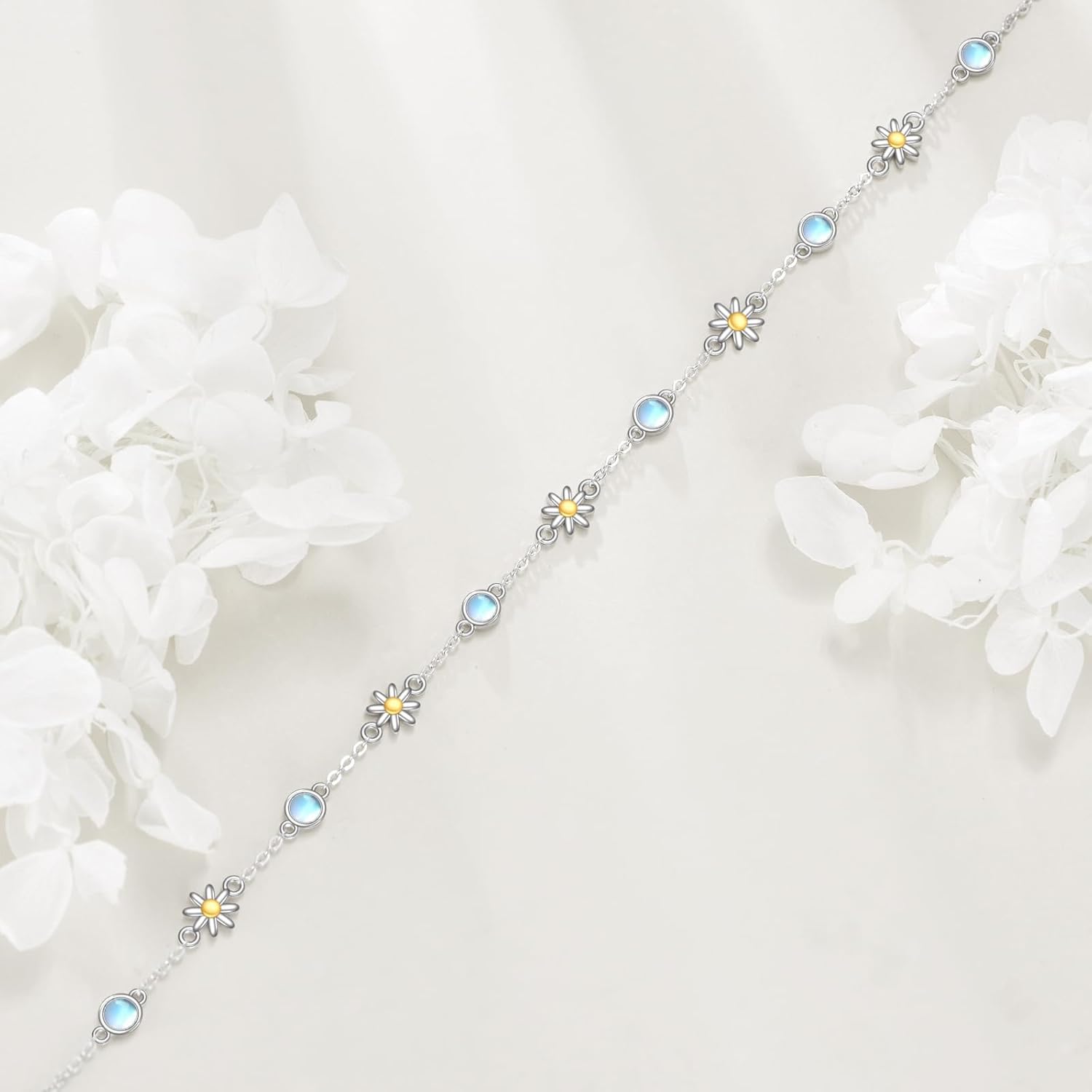 CRMAD 925 Sterling Silver Daisy/Sunflower Moonstone Anklet Daisy Flower Ankle Bracelet for Women Beach Dainty Jewelry - Image 4