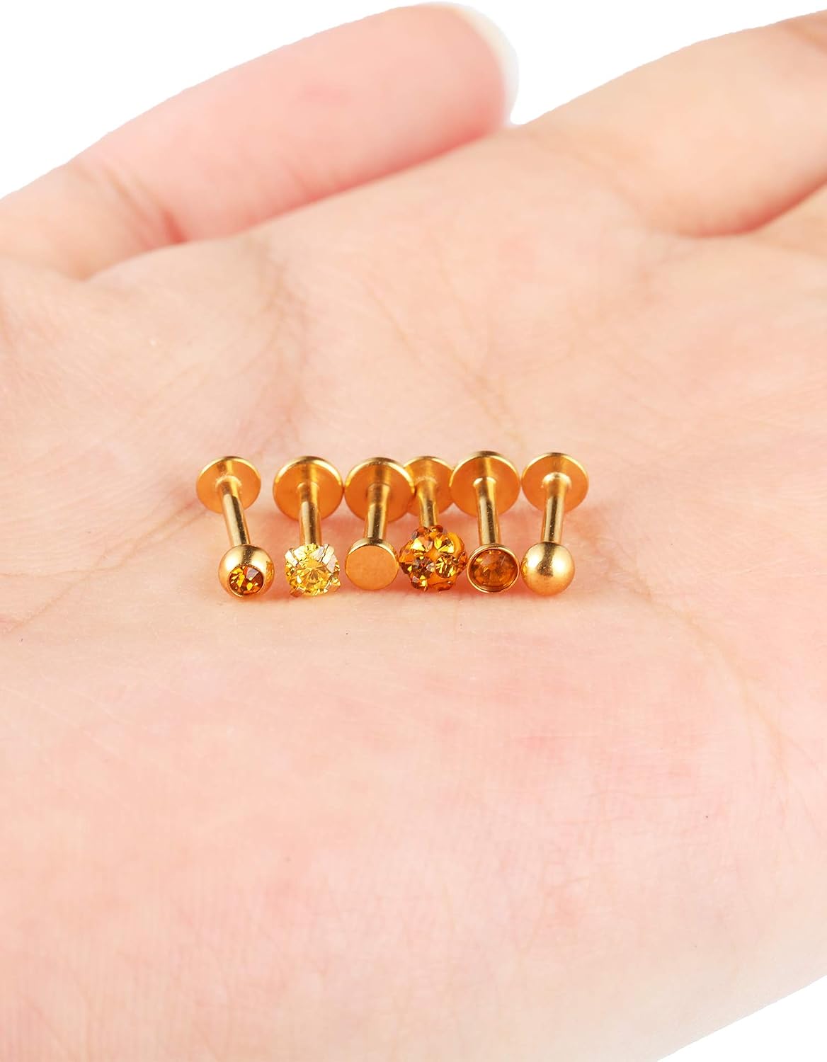 Sumind Nose Studs 16g Tragus Piercing Jewelry Gold Flat Back Earrings Diamond Crystal Lip Rings Stainless Steel Labret Bars Body Piercing Jewelry for Women Men, 6 Designs