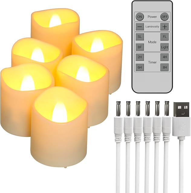 Ymenow USB Rechargeable Candles with 12-Key Remote, 6pcs Battery Operated LED Flickering Tealights Rechargeable Tea Lights with Timer, 6-Ports USB Charging Cable for Home Halloween Christmas Decor