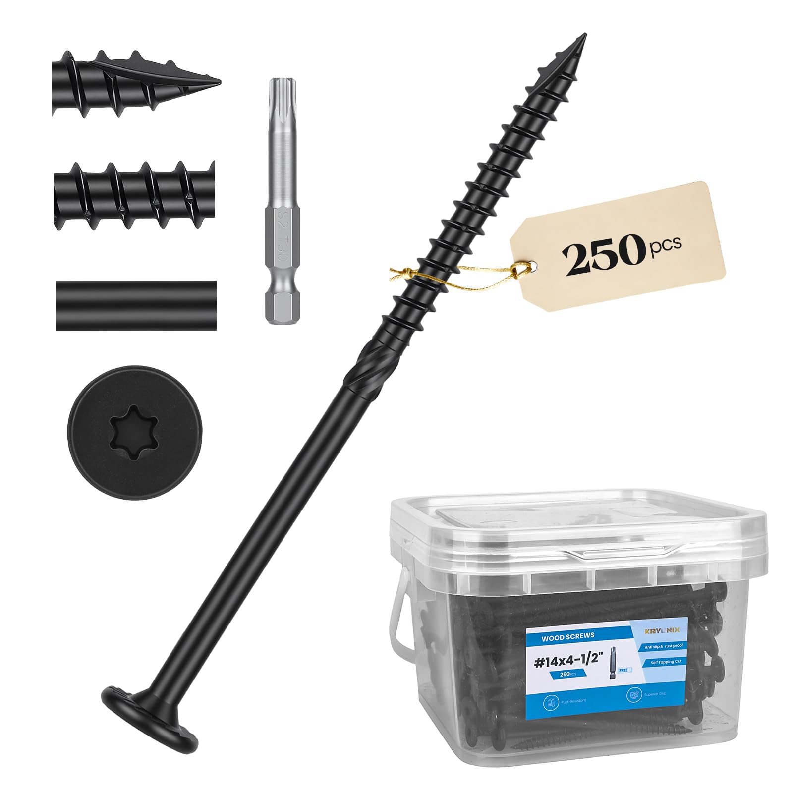 Kryonix Juego de 250 tornillos de madera para exteriores de 4-1/2 pulgadas, 250 tornillos de cubierta de accionamiento estrella, tornillos de madera resistentes a la corrosión para madera/troncos