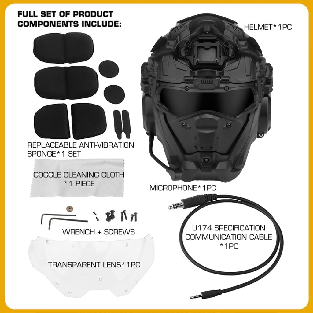 Tactical Airsoft Helmet Set Fast Helmet Built-in HD Headset with Full Face Mask Goggles and Anti-Fog Fan for Outdoor Paintball BB Game CS Airsoft Training Hunting Gear A