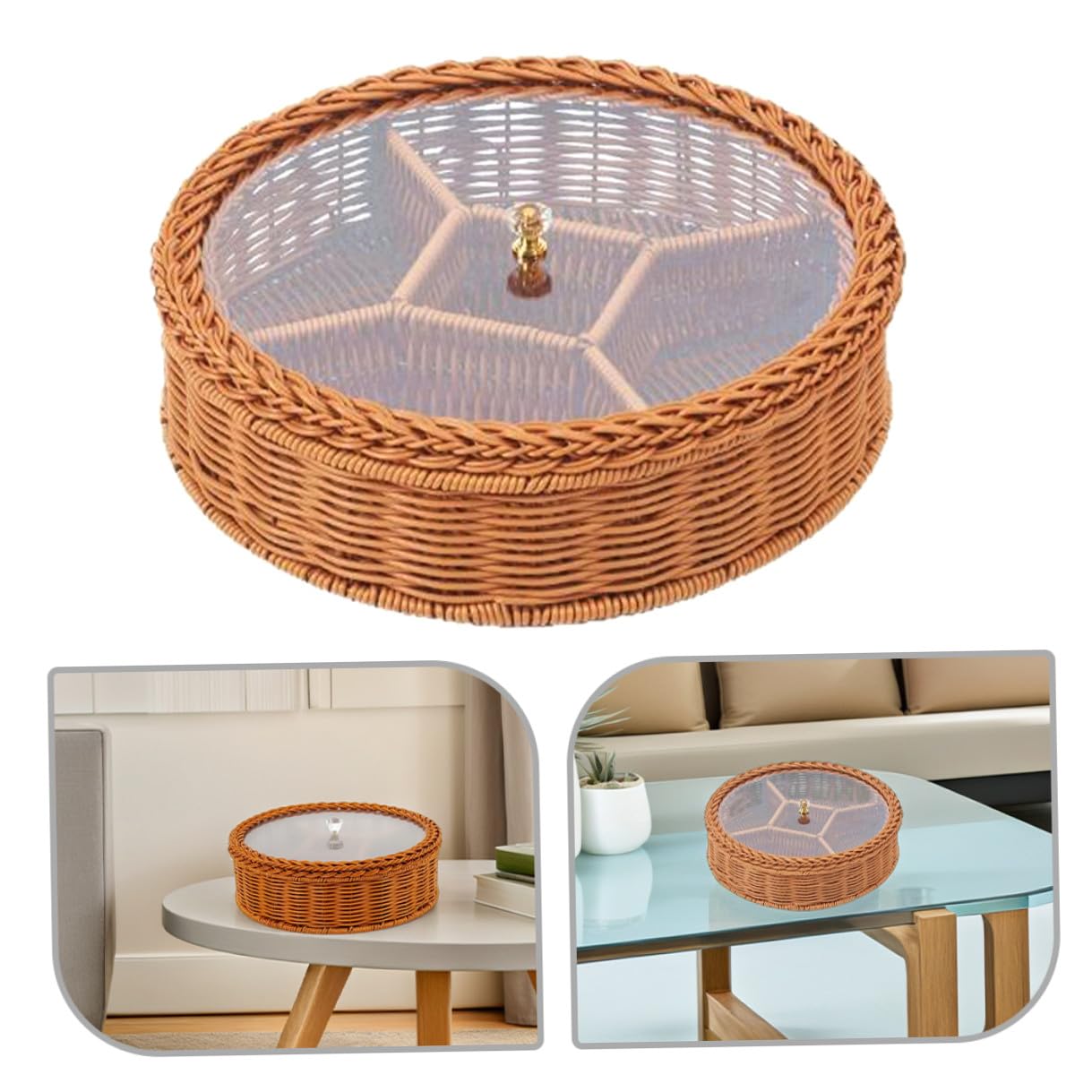 TOYANDONA Panier à Noix Compartimenté en Plastique Transparent, Plateau de Service Multi-usages, Design Tressé la Main, pour Salon et Bureau, Plateau Snacks et Fruits Secs Pratique