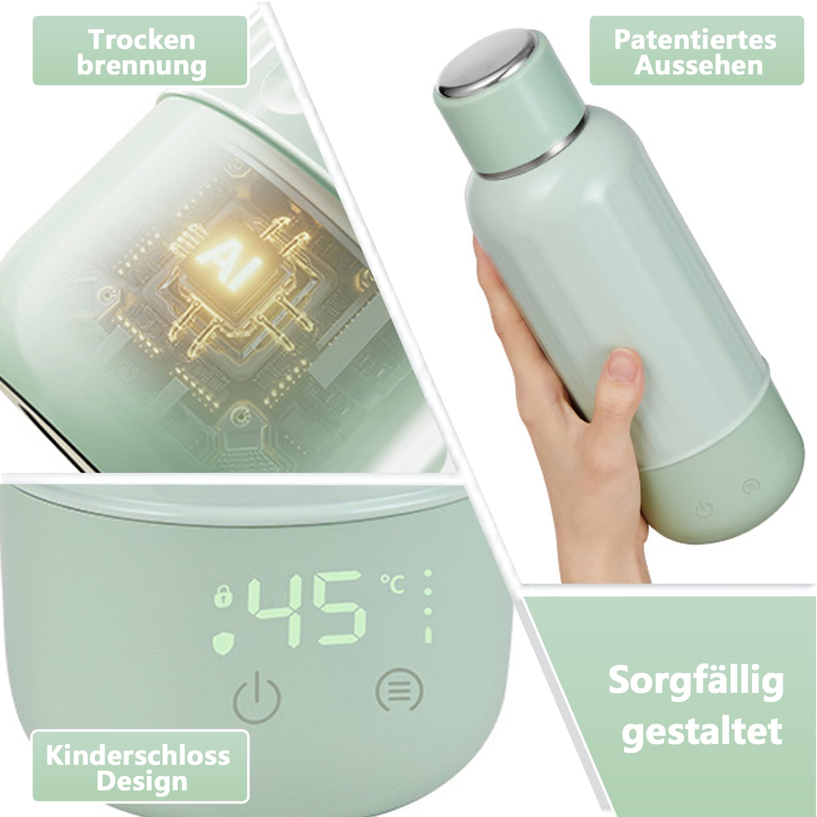 Tragbarer Flaschenwärmer Baby Unterwegs, Akku Thermoskanne 500ml, 37-55 °C Einstellbar, Mobiler Milchwärmer mit USB-C, 50W Schnelles Aufheizen für Auto, Reise, Muttermilch und Wasser