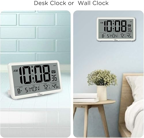 Miniatura 7 de WallarGe Reloj de pared digital de ajuste automático, funciona con pilas, relojes de escritorio con temperatura, humedad y fecha, reloj despertador