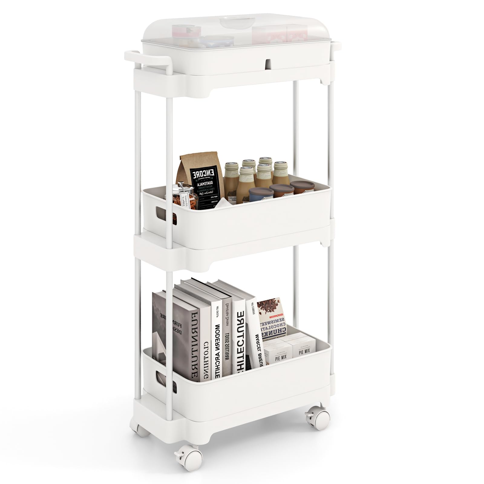 HOMASIS Carro de Servicio con 3 estantes extraíbles, Carrito de Multifuncional con Ruedas bloqueables, Carrito de Almacenamiento de Aluminio con Tapa para salón, Cocina y Oficina, 46x21x82cm, Blanco