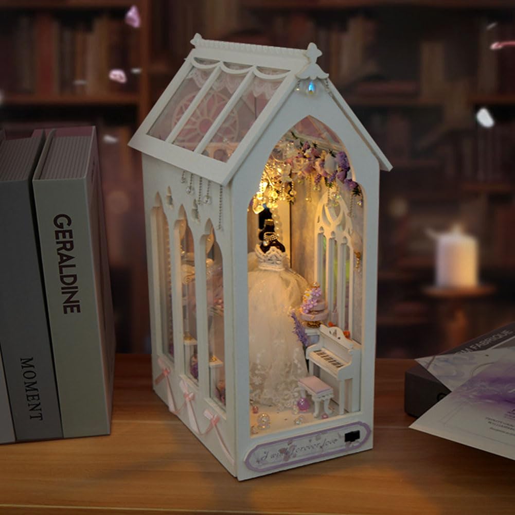 Bastelset Buch Nook, Basteln, Booknook Micro House Building Kit mit LED-Licht, 3D Puzzle aus Holz, schmal, Buchregal, Dekoration, für Erwachsene und Jugendliche, Mini-Spielzeug-Set