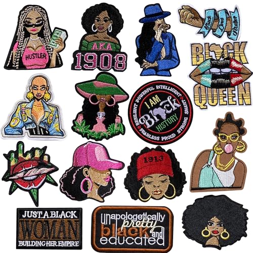 Image of 15Pcs Black Girl Magic Iron on Patches, Afro Girl Embroidered Applique Patches for Clothes, Hats, Jeans, Jackets, Backpacks, Dress