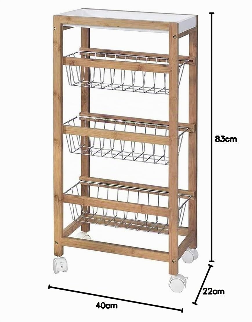 BAKAJI Carrello da Cucina Slim Salvaspazio in Legno di bambù con 1 Vassoio Estraibile 3 Ceste Portafrutta in Metallo e 4 Ruote Girevoli Carrello Portavivande Casa Dimensione 40 x 22 x 83 cm