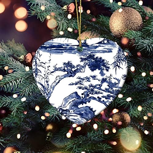 Chinoiserie Blue and White Porcelain Ceramic Heart Christmas Ornament for Tree Vintage Chinese Style Oriental Floral Pattern Xmas Tree Ornaments Keepsake Gifts for Kids Friends Family