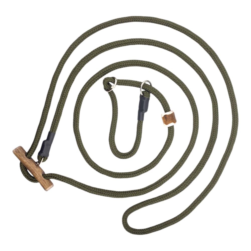Umhängeleine Moxonleine Melrose– Robuste Retrieverleine mit Zugbegrenzung und Geweihstopper | Ideal für Hundesport, Jagen und Agility | Stufenlos verstellbar 280 cm x 8 mm (Oliv)
