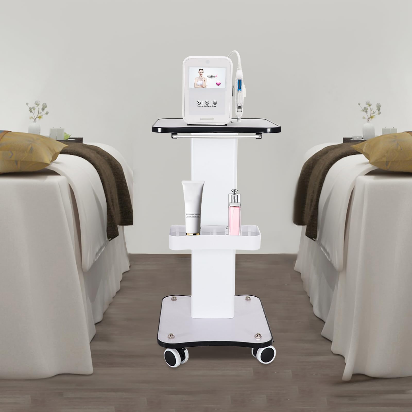 Carrello portatile portatile carrello speciale per parrucchiere, carrello cosmetico multifunzione con grande capacità, carrello bianco con manico e ruote