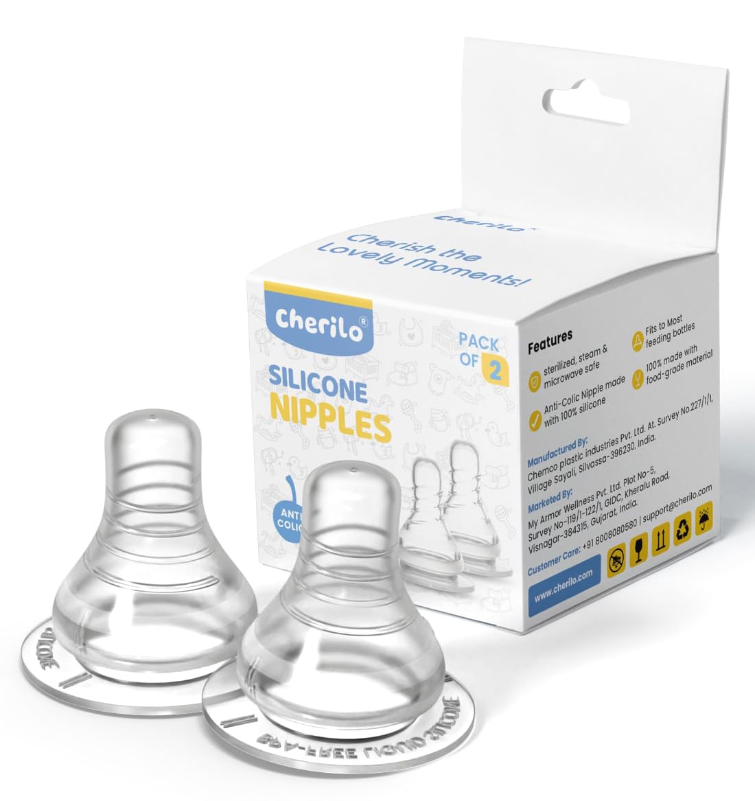 Cherilo Anti-Colic Classic Teat/Nipple for Slim Neck Baby Feeding Bottles, Leak Proof, BPA Free, Super Soft 100% Silicone & Food Grade Material, Grooved Design (Pack of 2, Slow Flow, 0 to 3m)-image-37