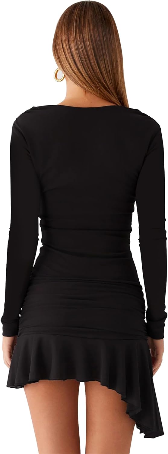 Mokoru Women's Sexy Bodycon Long Sleeve Mini Dress Boat Neck Ruffle Hem Club Party Short Dresses - Image 4