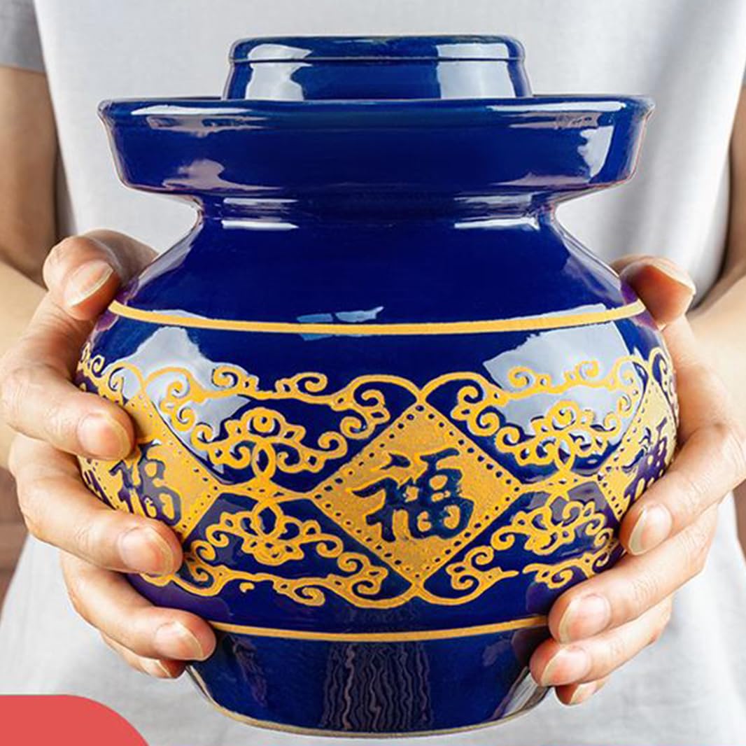 Duży ceramiczny słoik na marynaty z pokrywkami, niebieski tradycyjny porcelanowy słoik do marynowania, ceramiczny garnek fermentacyjny z uszczelką wodną pokrywką śluzy powietrznej, garnek z
