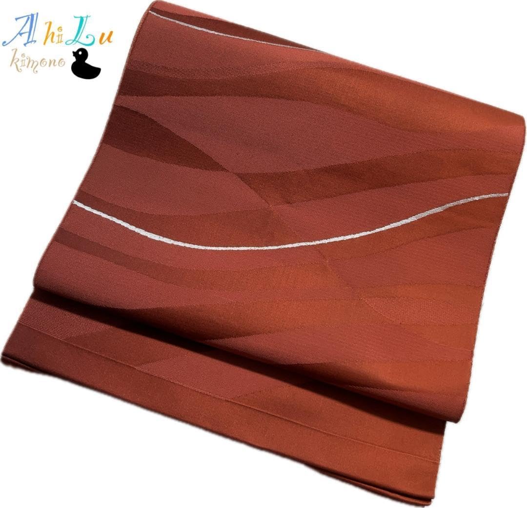 C0476名古屋帯 平仕立て 赤茶 368㎝ 引