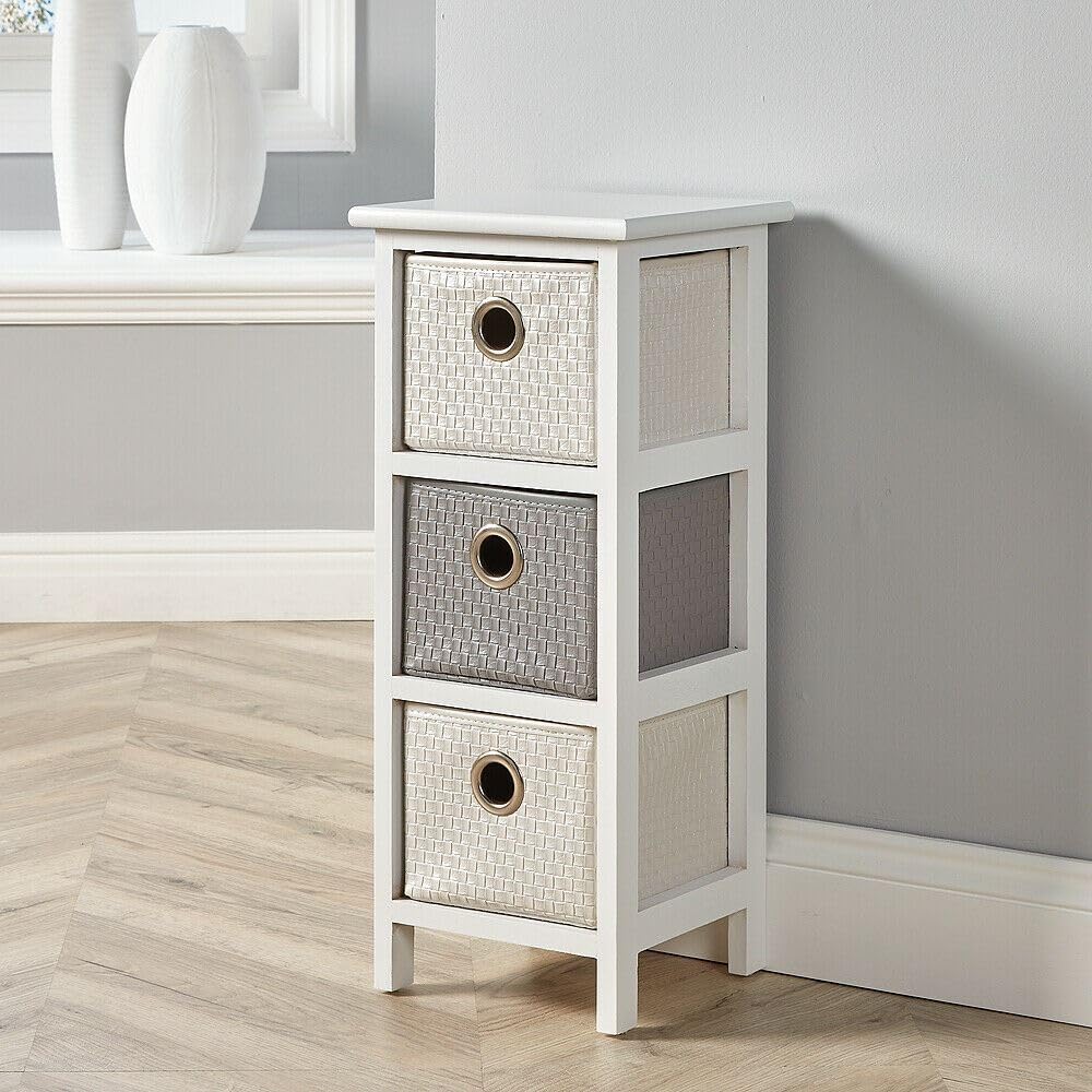 Home Source Storage Chest, Wooden Bedroom Hallway Cabinet, Faux Leather Drawers Organiser, White, 3 Drawer