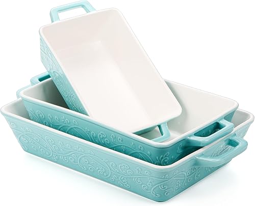 Miniatura 3 de Okllen Juego de 3 cazuelas para horno, platos de cerámica para hornear con asas, sartén rectangular para lasaña para hornear, asar, gratinar, regalo