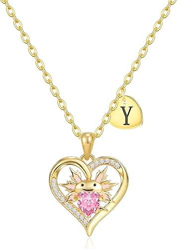 Macate Valentines Day Gifts for Her, 14K Gold Plated Heart Initial Pendant Axolotl Necklace Gold/silver Necklace Valentines Day Birthday Gifts for Women Teen