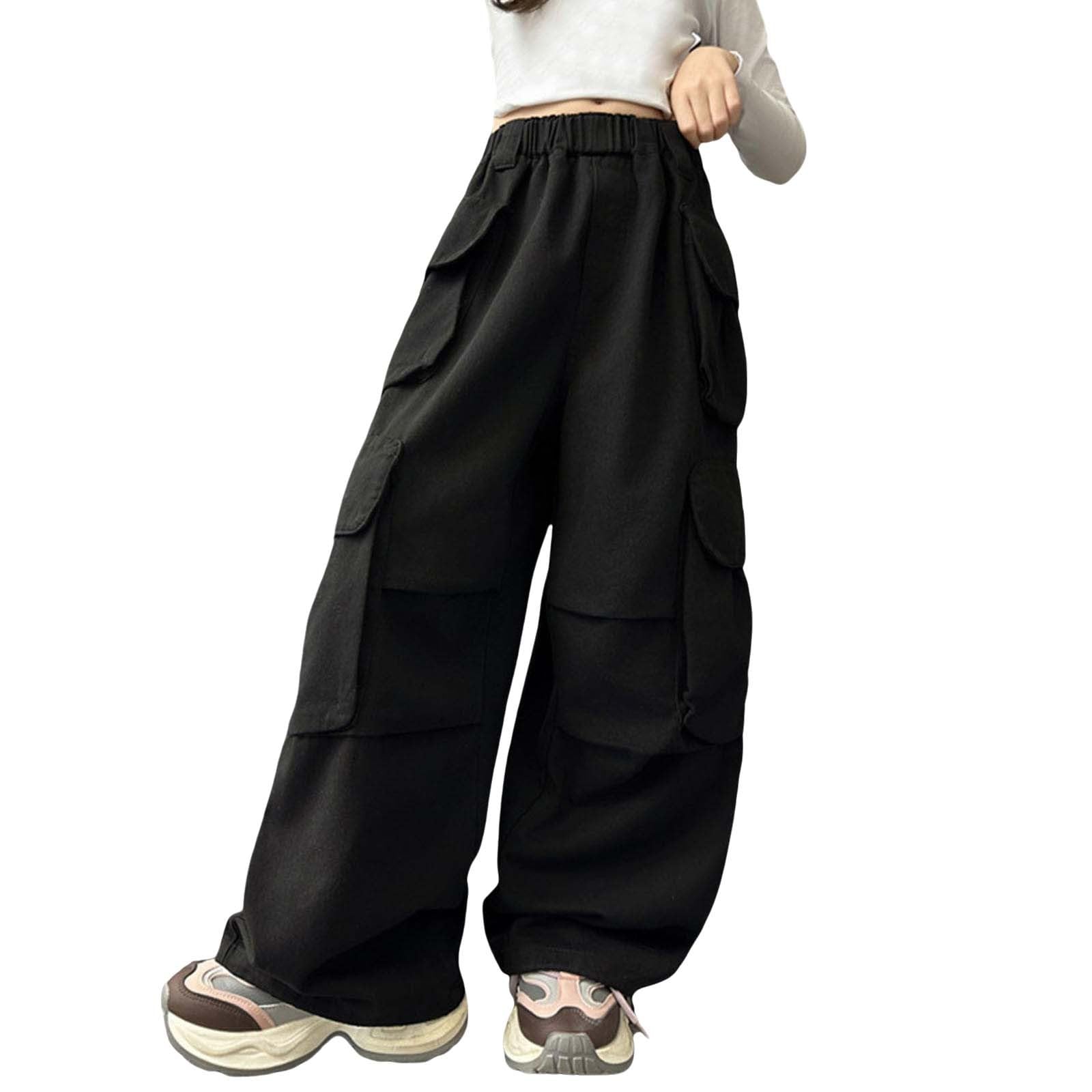Cargo Pants for Girls Kids Baggy High Elastic Waist Sweatpants Casual Wide Leg Parachute Pants Multi (Black, 7-8 Years)