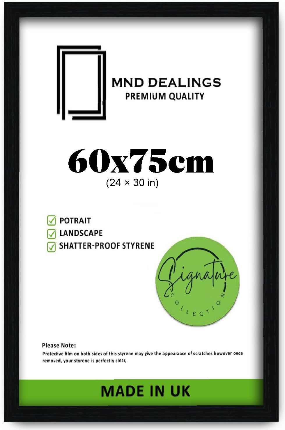 MND Dealings Large 60x75cm MDF Wood Wall Hanging Frame | Elegant Flat Rectangle Poster & Picture Display with Backboard & Styrene – Gift Ready Design - (Black)
