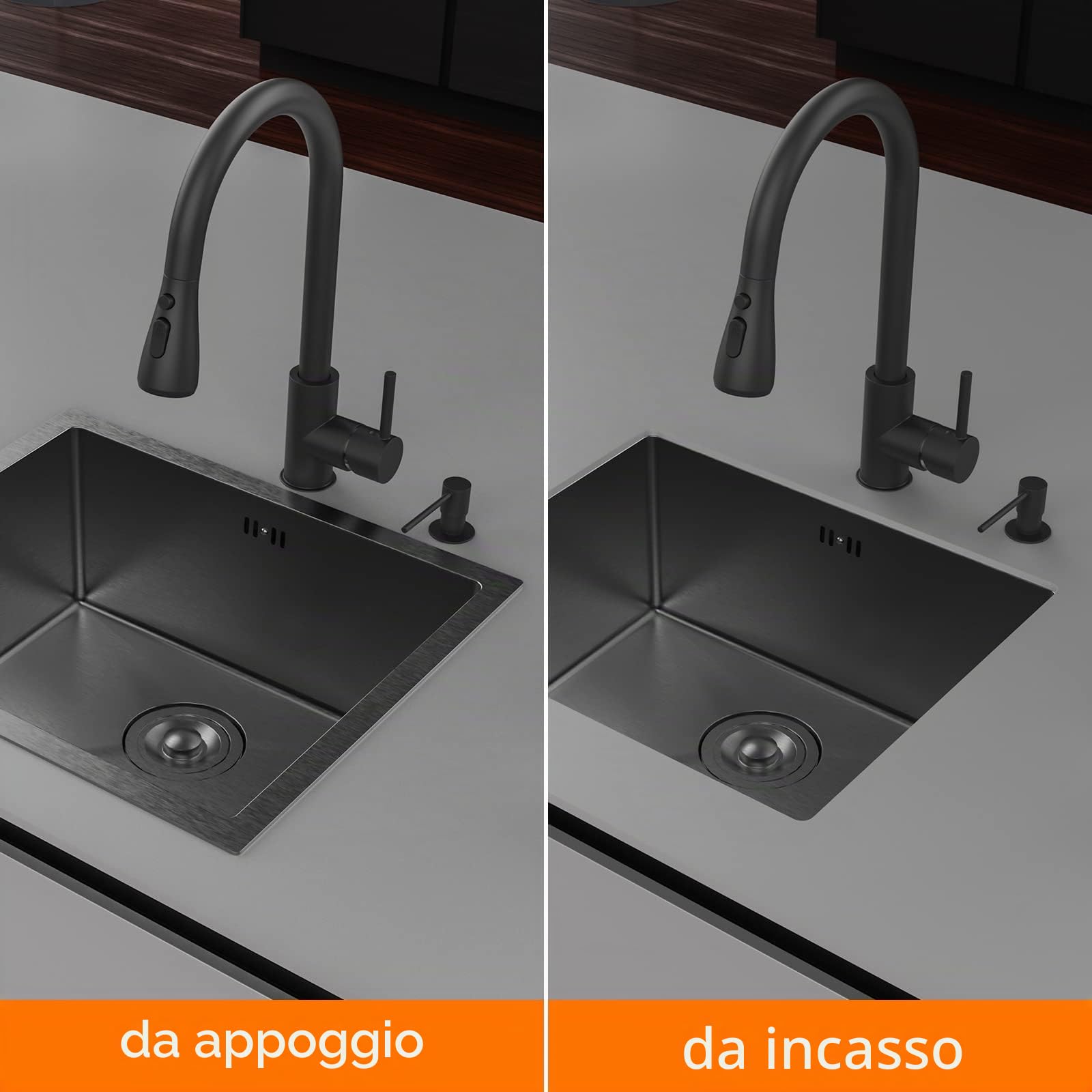 Ibergrif M85043B Lavello Cucina in Acciaio Inox 50x43 cm, Installazione a Sopratop o Filotop con Sifone Antiodore e Kit Scarico Completo, Grigio Scuro