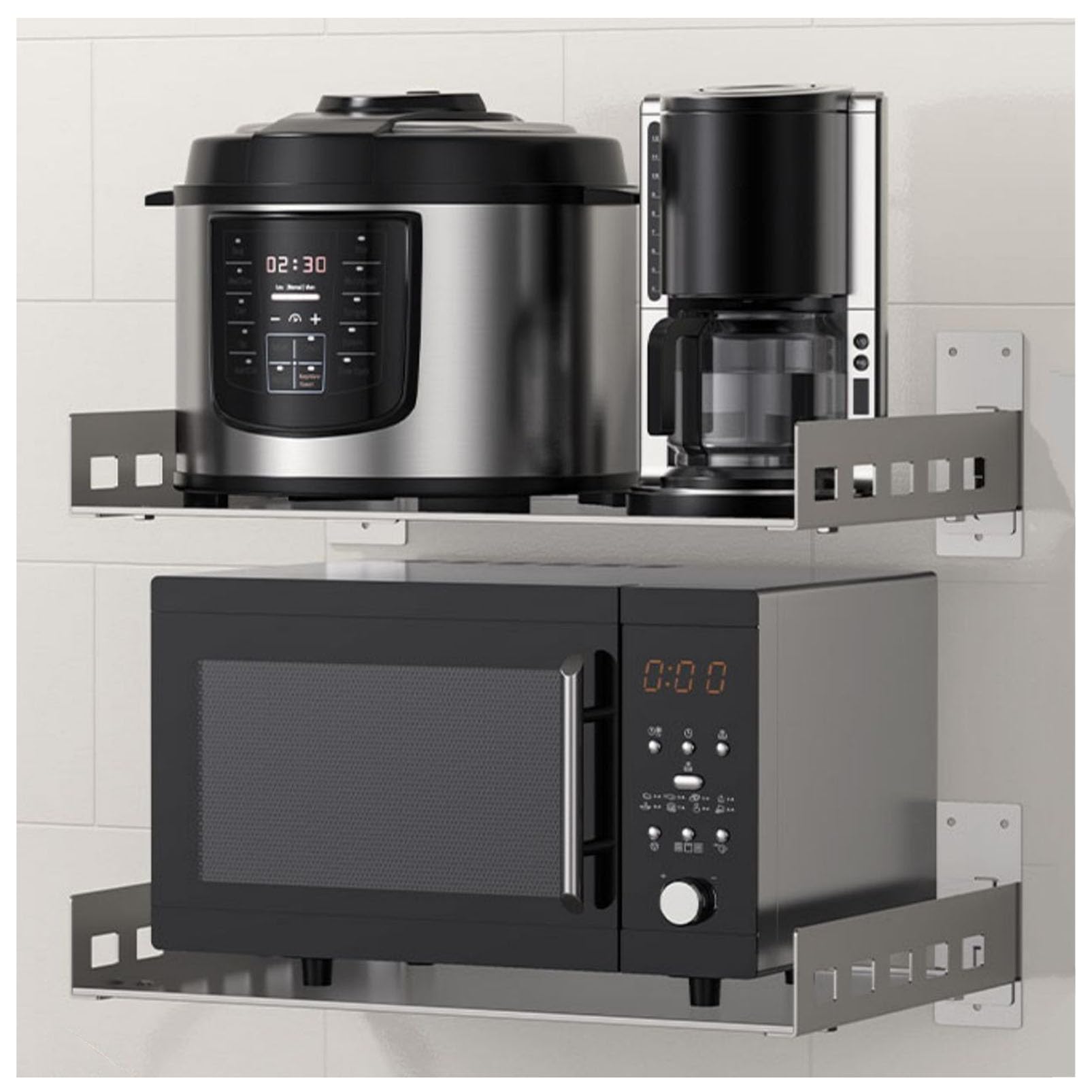 GTHTUHFD Stainless Steel Wall Mount Microwave Shelf With Pot Pan Rack And Spice Rack Heavy Duty Cookware Storage Organizer For Kitchen Garage Multifunctional Floating Shelves,Double Shelf-55×35cm