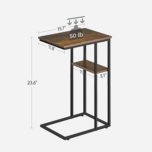 Miniatura 3 de Juego de 2 mesas auxiliares en forma de C, mesa de madera rústica y marco de metal, mesas auxiliares de doble capa para sala de estar, dormitorio,