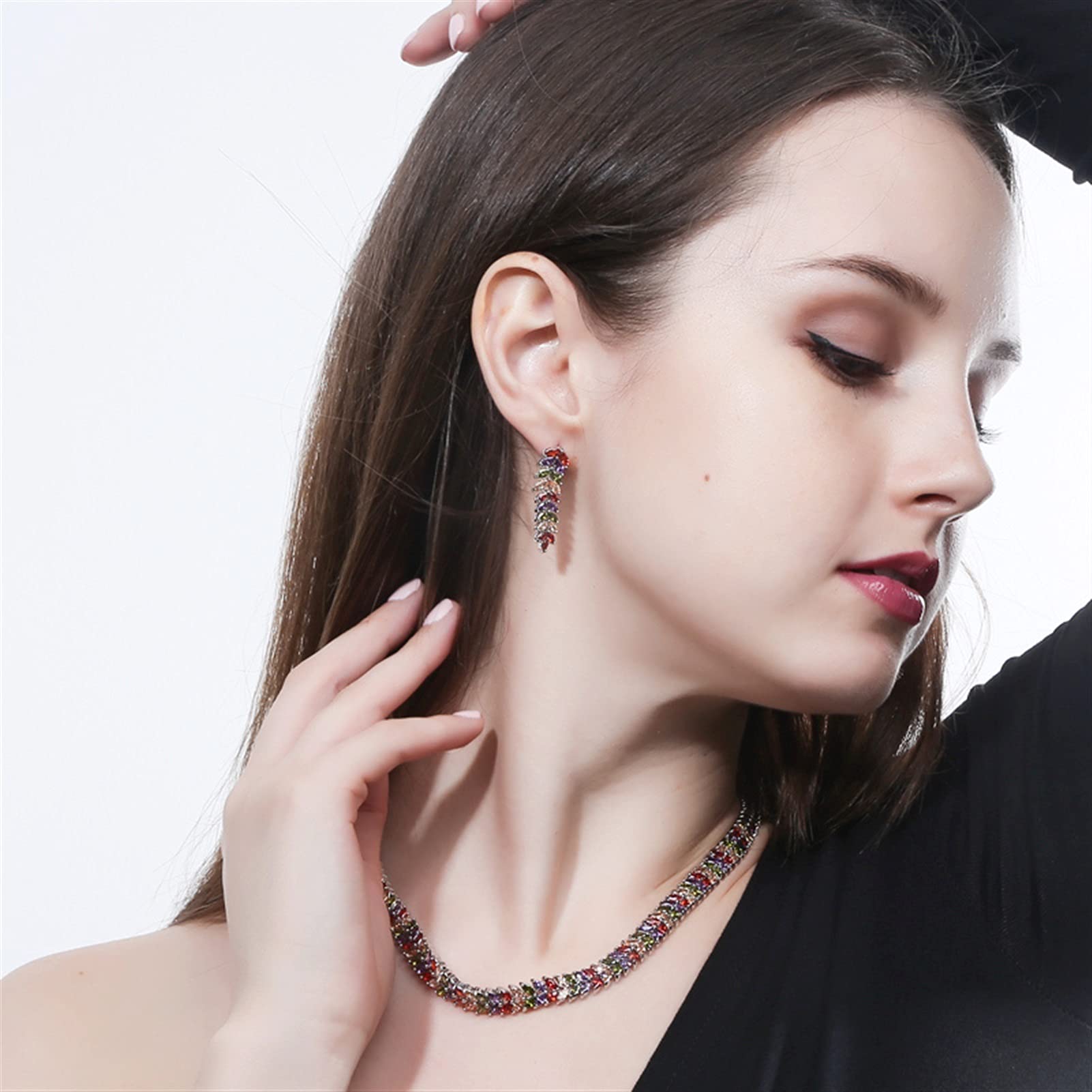 Joyería Multicolor Zirconia cúbica Mujer Gargantilla Nupcial Conjunto de Collar con Pendientes para Novias joyería para Fiesta y Boda